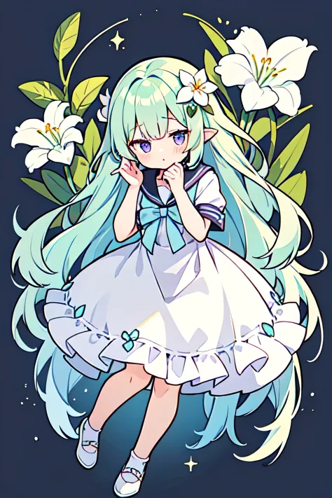 light pastel green hair with light yellow ombre, side parted hair, a bit mature cute girl, round eyes, purple eyes, no pixelated eyes, lily of the valley hair ornament, flower fairy, dirty tattered one piece dress, gshostly, greyish color pallete, dynamic ...