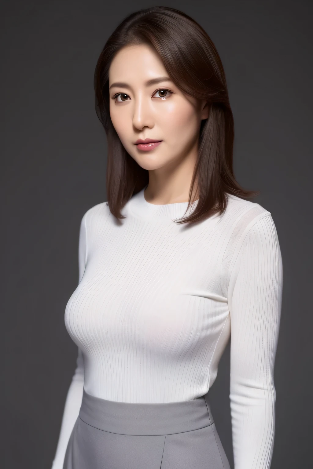 높은 해상도, 높은 수준의 이미지 품질, 높은 디테일, 걸작, 거친 피부, 해부학적으로 정확하다, 날카로운, 회색 배경((일본의 성숙한, 20세)), 홀로, ((얼굴 주름)), 몸매 좋고 큰 가슴, 어깨까지 오는 밝은 갈색 생머리, 통통한 체형 (((똑바로 서다, 화면 중앙을 향하고.))), 입을 다물고 진지한 얼굴로 정면을 바라보세요, 시스루 화이트 타이트 드레스,스웨터, 치마, ((카우보이 샷)),