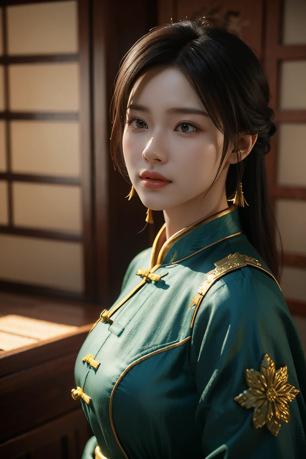 Game art，The best picture quality，Highest resolution，8K，(A bust photograph)，(Portrait)，(Head close-up)，(Rule of thirds)，Unreal Engine 5 rendering works， (The Girl of the Future)，(Female Warrior)， 
20岁少女，(The warrior in ancient China)，An eye rich in detail，(Big breasts)，优雅高贵，冷漠，(Brave)，
(Costumes of ancient Chinese characters，A random pattern of clothing，Ribbon，Joint Armor，Rich dress details，)中国人物，奇幻风格，
拍照姿势，野外背景，Movie lights，Ray tracing，Game CG，((3D Unreal Engine))，oc渲染反射纹