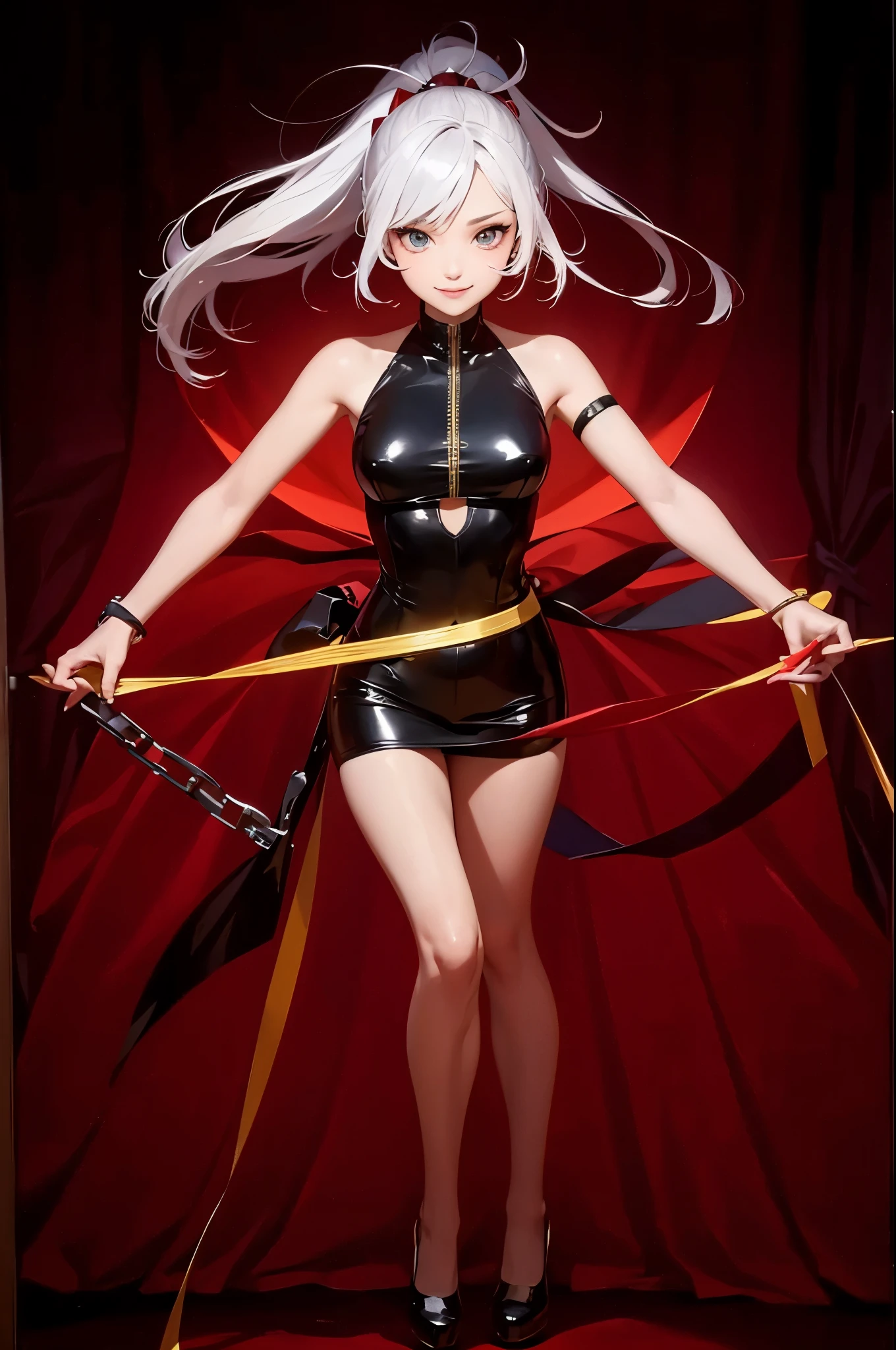 female, middle in the air, white hair, black sclerared, red iris, black one piece dress, big chest, sexy, smile evil,