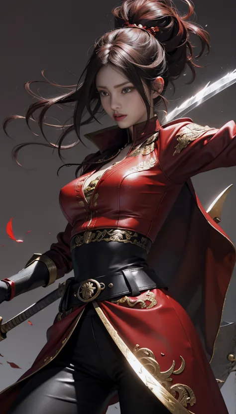 Woman in red top and black tight leather pants, She holds a crimson sword、Sword、Battle Characters, Long straight hair with red h...