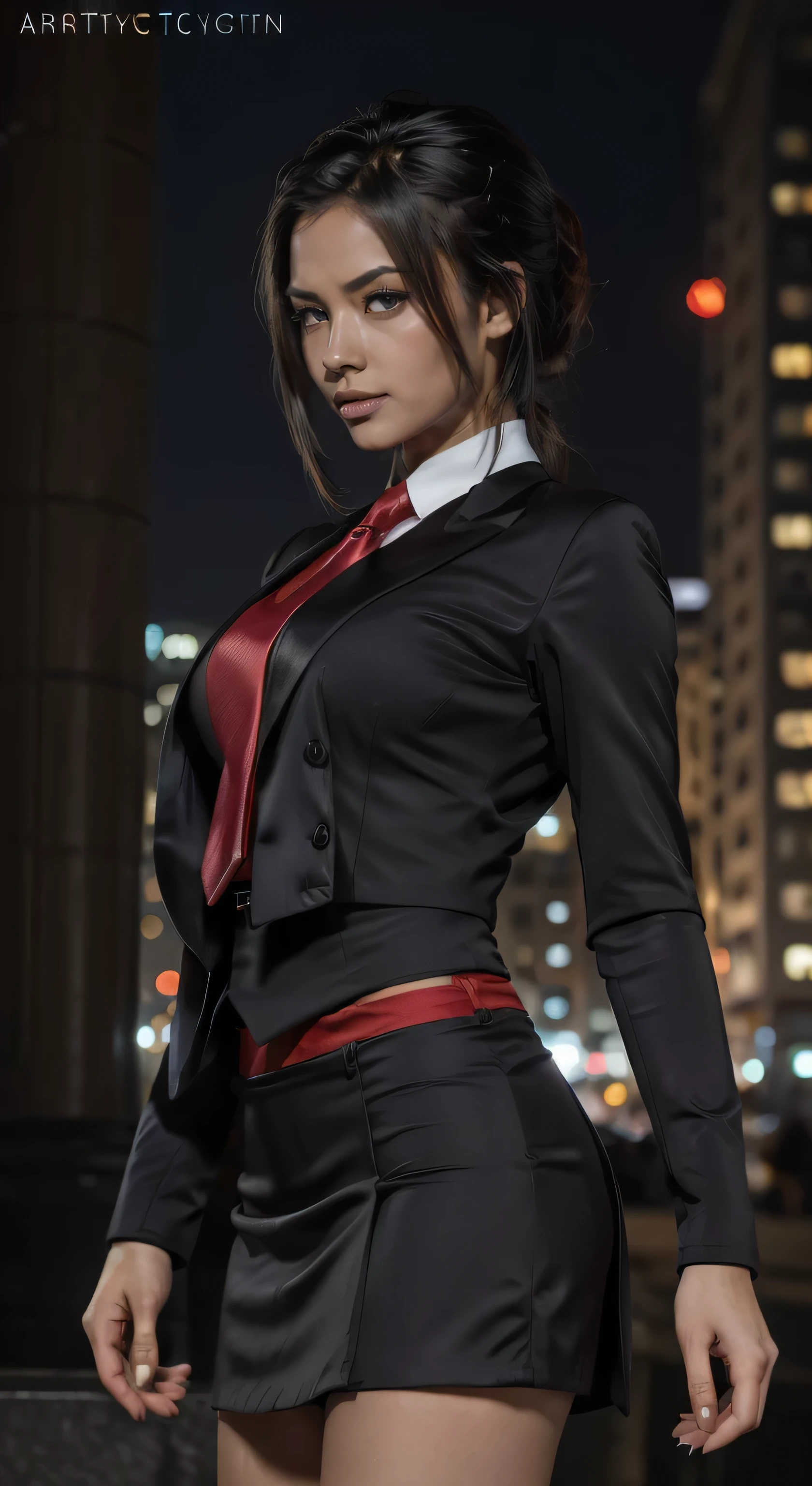 (A beautiful 25 years old Asian Hitwoman), (wolfcut black hair), (pale skin), (serious face), skirt suit, (((three-piece suit))), (((dress shirt))), (((necktie))), blazer, (((red suit jacket))), black shiny lapel (((waistcoat))), double-breasted waistcoat, (((bodycon miniskirt))), pencil skirt, tights, pantyhose, pocket square, tie clip, cufflinks, (city at night background), view from front, waist up shot, dynamic pose, ambient lighting, photo realism, intricate face detail, intricate hand details, highly detailed, vibrant colors, cinematic, high definition, trending on Artstation--style raw, on hands and knees, , aroused,