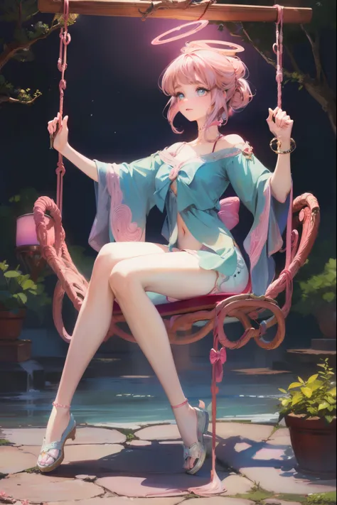(antique style, girly: 1.2, pink hair: 1.1, blue eyes: 1.1, big eyes)，sit in the air，swinging legs，Hand pushing the halo