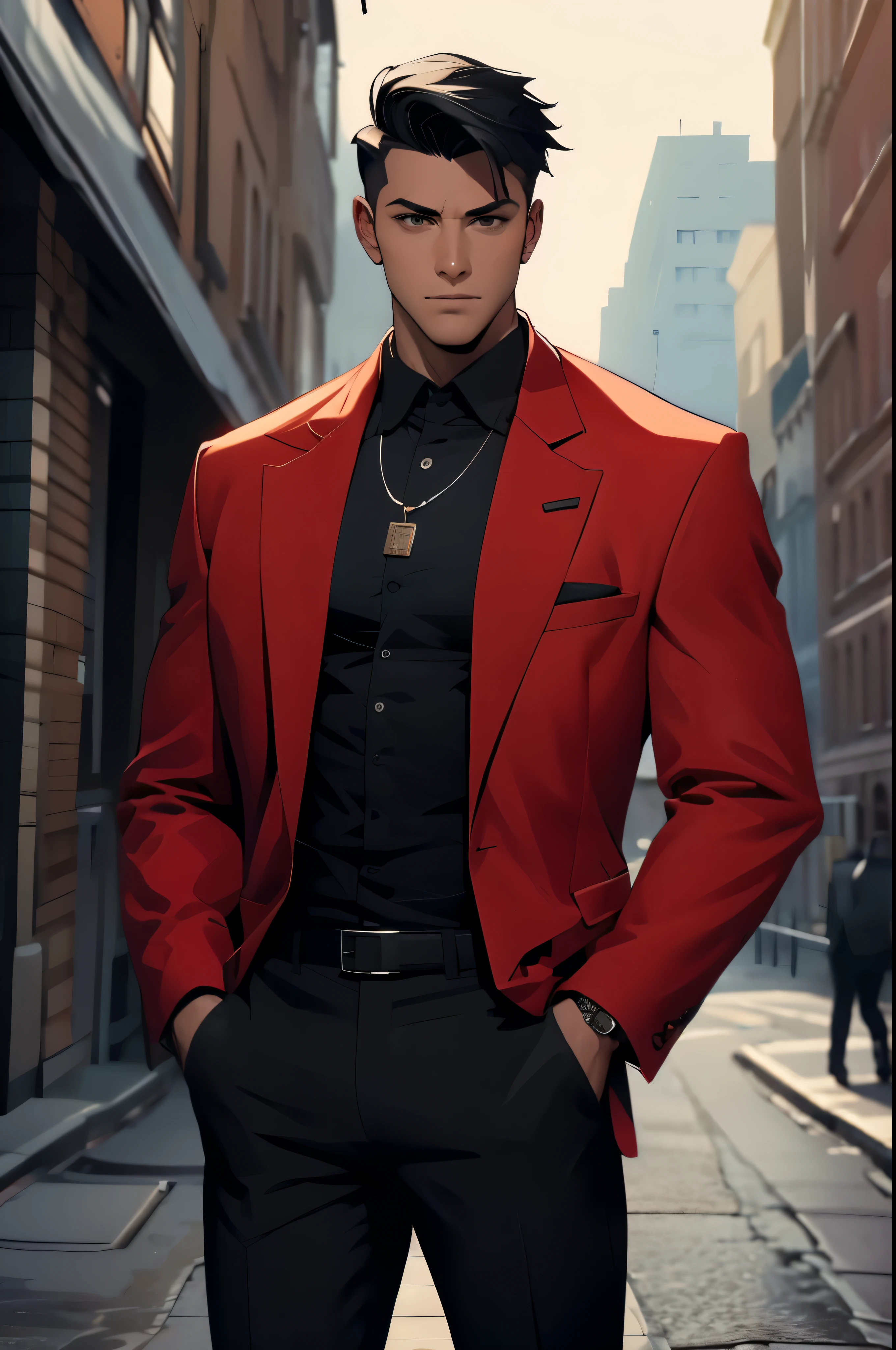 1boy,male focus,jacket,solo,jewelry,shirt,black hair,open jacket,open clothes,short hair,outdoors,looking at viewer,necklace,pants,black shirt,red jacket,closed mouth,artist name,covered abs,hands in pockets,pectorals,black pants,muscular,off shoulder,city,muscular male,building,undercut,