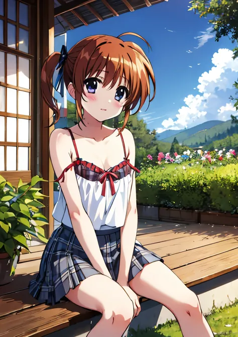 Nanoha,1 girl, Japanese, high school girl,medium hair, bangs, hair between eyes,Wavy hair、 looking at the viewer, whole body, Front view:0.6, (beautiful scenery), garden, camisole, 白のcamisole , Grey plaid pleated skirt, (sitting, lift the skirt, hand betwe...