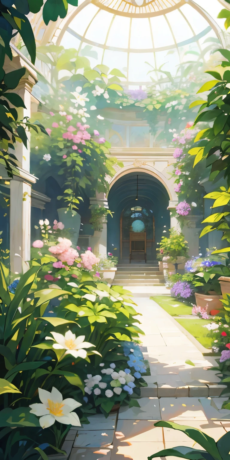 (highest quality, masterpiece, Super realistic), Indoor Botanical Garden, dome, lots of flowers, dense clump of plants, The background scenery is a garden with petals and puffs flying around.. --v6