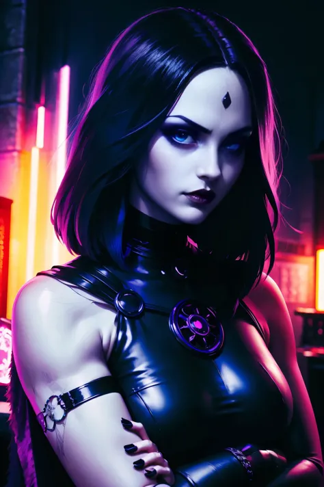 raven solo, gothgirl, with arms crossed looking straight ahead,anime, vibrant colors, dark and mysterious aesthetic, dramatic li...
