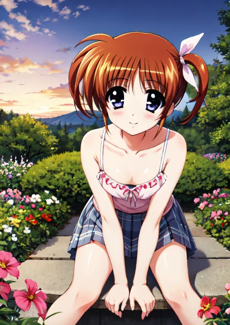 Nanoha,1 girl, Japanese, high school girl、 looking at the viewer, whole body, Front view:0.6, (beautiful scenery), garden, camisole, 白のcamisole , Grey plaid pleated skirt, (sitting, lift the skirt, hand between legs), sexy、leaning forward blushing,高町Nanoha
