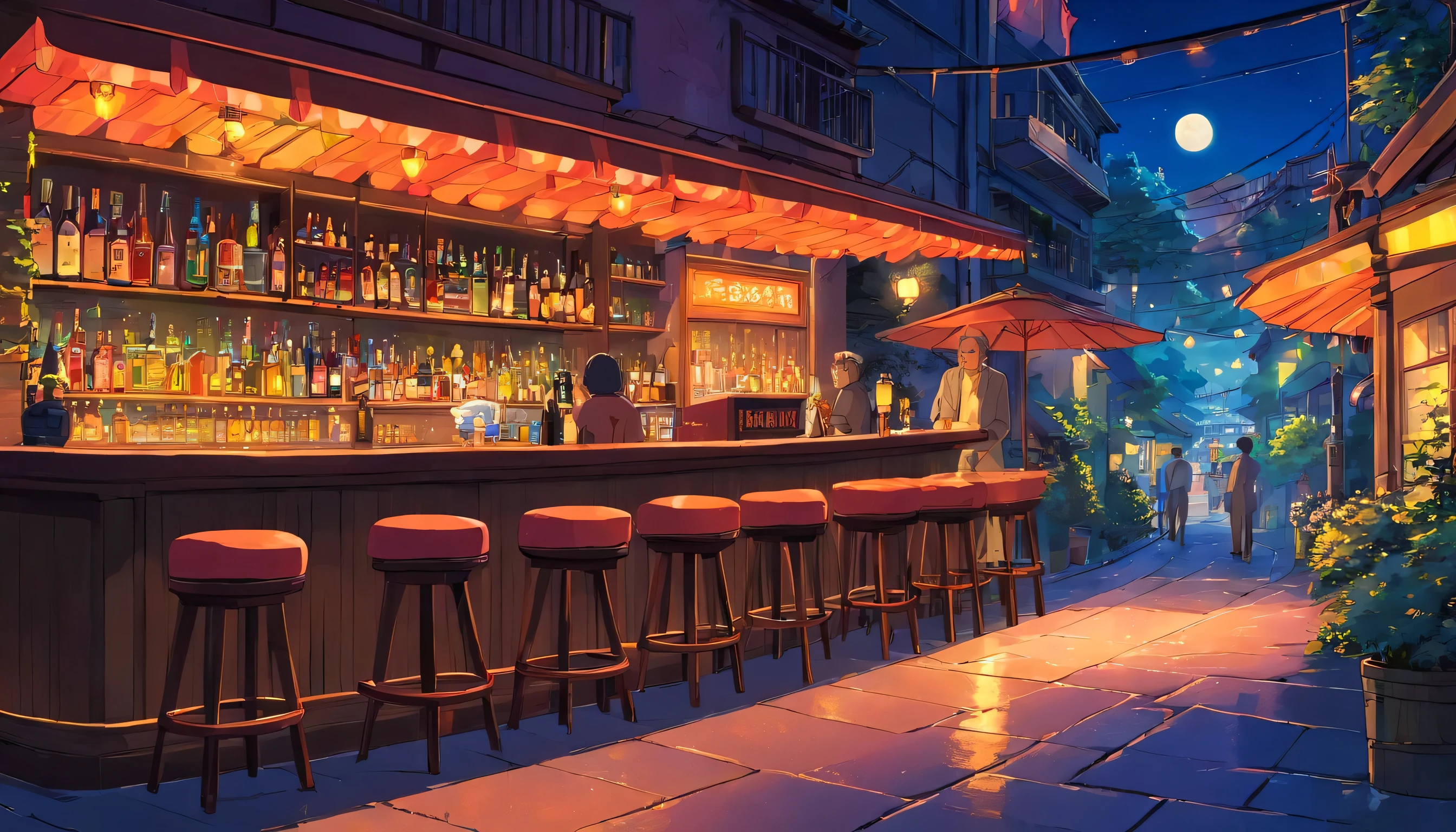 Anime bar with stools and umbrellas in a narrow alley - SeaArt AI