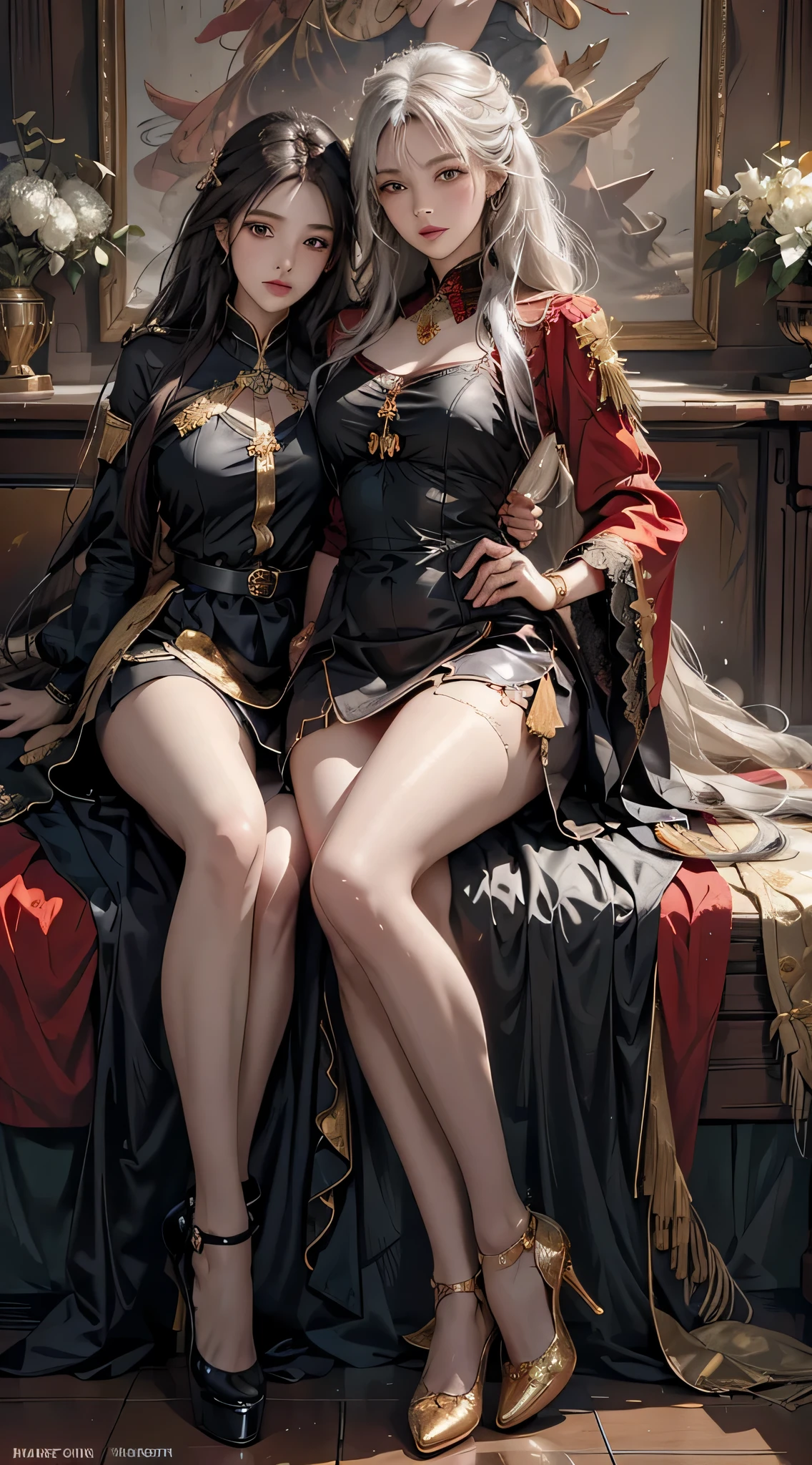 ((masterpiece, best quality)), Detailed face, character design sheet，Full body female love, full of details, Various poses and expressions, Very detailed, depth, Many parts，beautiful girl，light，Glowing light，Red and gold，Phoenix decoration，gauze，lace，lace up pantyhose，High heel