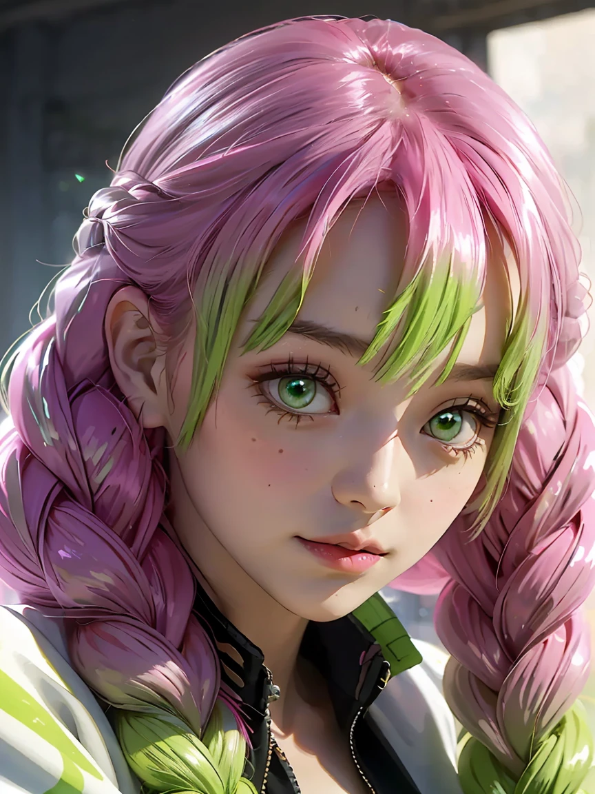 kanroji_mitsuri、1girl (Master peace、) (sthe highest qualit)(Shiny hair)(Glossy skin)、(gradation hair、GREEN、pink hair、Braids:1.2)、,dynamic pose 🦋✨️❤️💜💗✨️