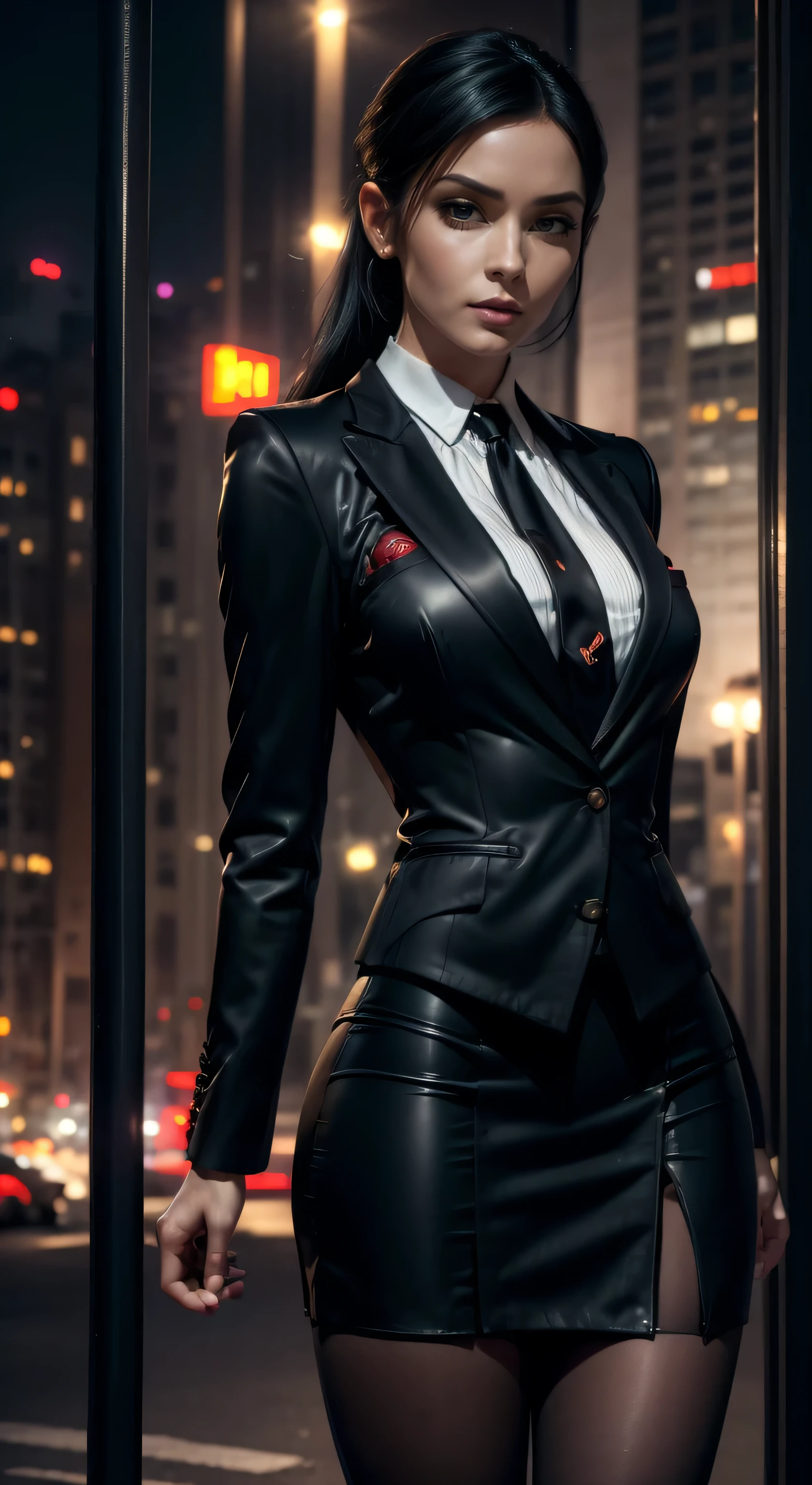 (A beautiful 25 years old Europien Hitwoman), (wolfcut black hair), (pale skin), (serious face), skirt suit, (((three-piece suit))), (((dress shirt))), (((necktie))), blazer, (((red suit jacket))), black shiny lapel (((waistcoat))), double-breasted waistcoat, (((bodycon miniskirt))), pencil skirt, tights, pantyhose, pocket square, tie clip, cufflinks, (city at night background), view from front, waist up shot, dynamic pose, ambient lighting, photo realism, intricate face detail, intricate hand details, highly detailed, vibrant colors, cinematic, high definition, trending on Artstation--style raw, on hands and knees, , aroused,