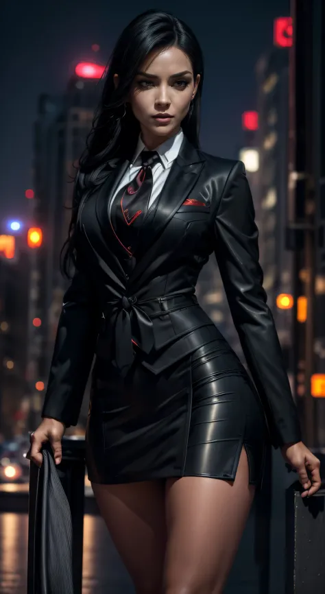 (A beautiful 25 years old Europien Hitwoman), (wolfcut black hair), (pale skin), (serious face), skirt suit, (((three-piece suit...