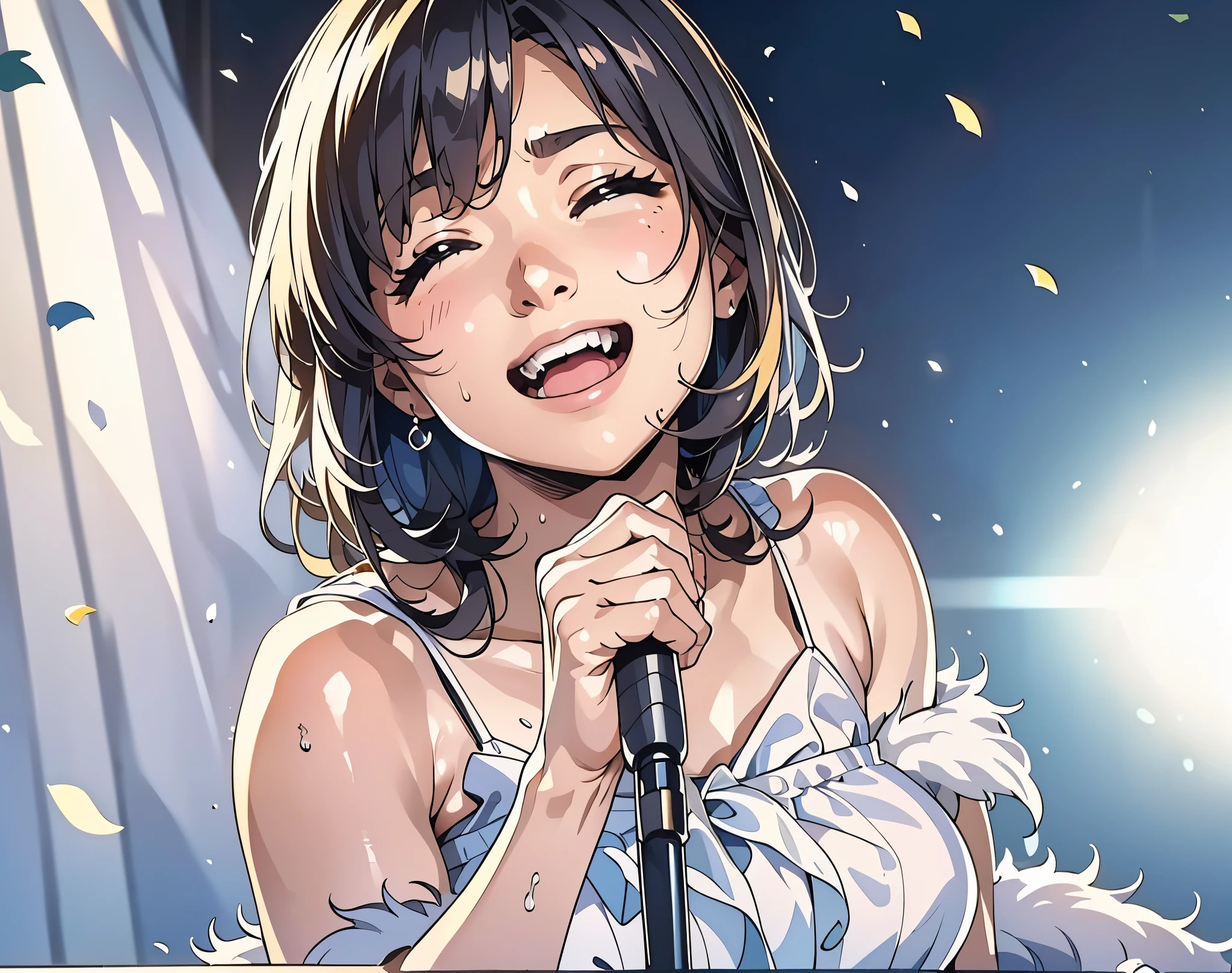 (table top), sexy、Natural light, realistic diffused glow, professional lighting、Big eyes、eyes are blue、blonde、Russian、Live venue、microphone on right hand、big smile、A little scream、wrinkles between eyebrows、both eyes closed、Sweat scattering、white dress with fur、
