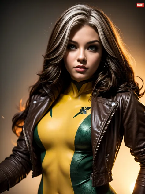 Madison Beer as Rogue (X-Men), Gothic Girl, Sculptural Body Gothic Makeup, brown jacket, yellow and green bodysuit, Masterpiece,...