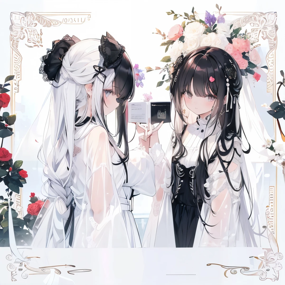 Anime - style picture of two women in wedding dresses taking a selfie -  SeaArt AI