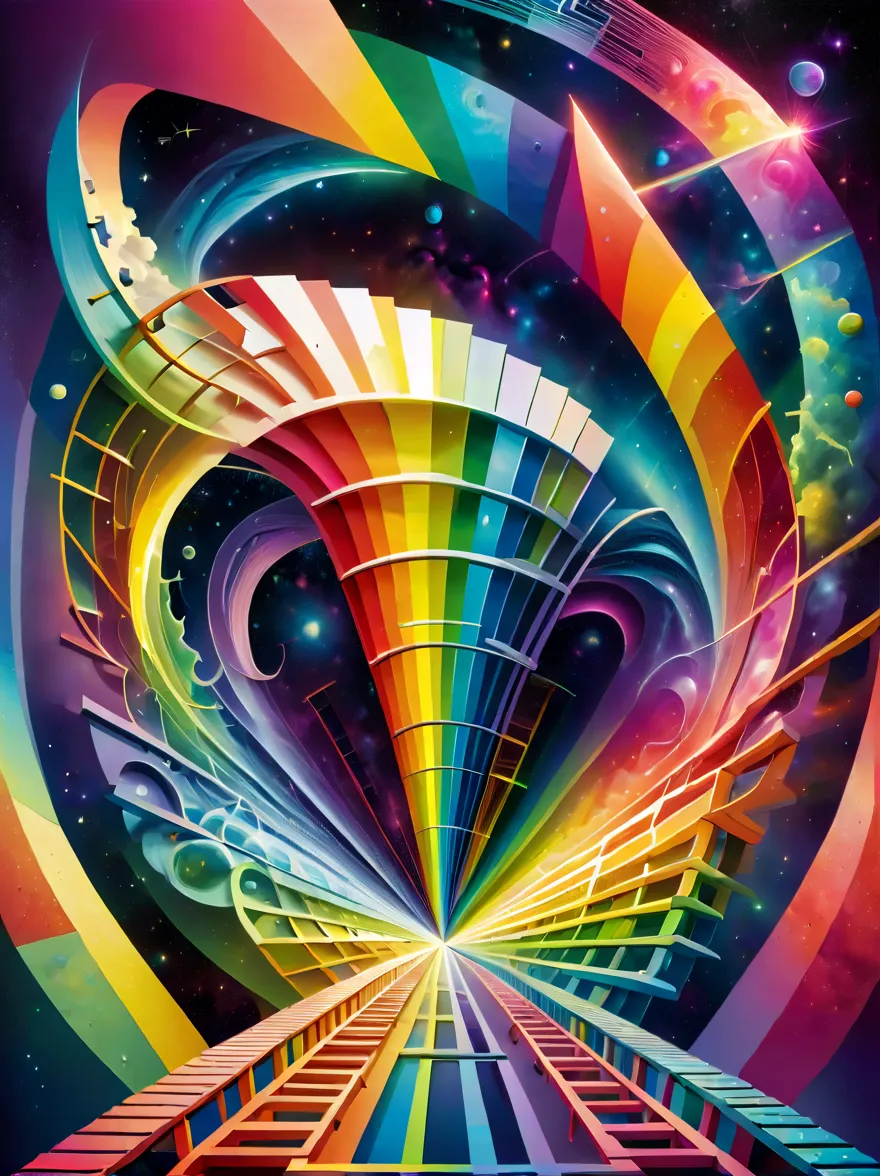 Create an optical illusion artwork featuring a rainbow, lines, ladders, and various geometric shapes. The image should be design...