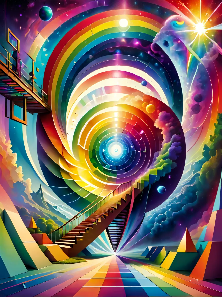 Create an optical illusion artwork featuring a rainbow, lines, ladders, and various geometric shapes. The image should be design...