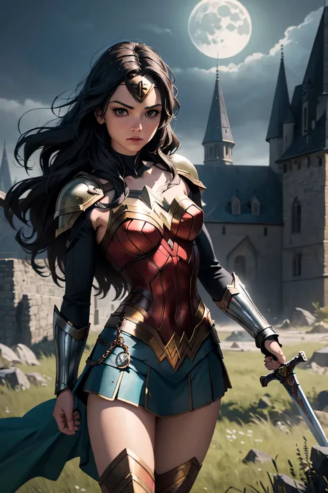 ((best quality, masterpiece)),
Wonder woman, power pose, black  and green necromancer plunging  armor, white messy hair, sword, ...