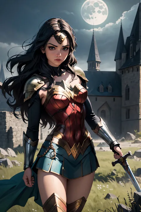 ((best quality, masterpiece)),
wonder woman, power pose, black  and green necromancer plunging  armor, white messy hair, sword, ...