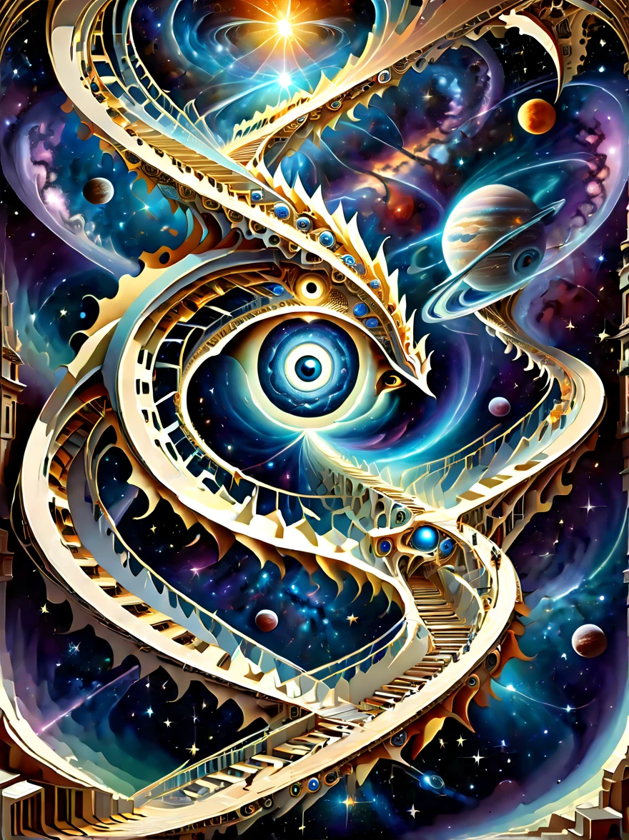 ((escher illusion art style:1.8)),(eyes,space,universe,galaxy,celestial ladder,technology,machinery,chains),composition should be intricate and complex,featuring geometric shapes and patterns to connect these elements in a way that creates strong visual illusions,with the eye as a central element,surrounded by a depiction of universes and galaxies,and advanced technology and machinery elements weaved in,the celestial ladder could be made of chains or mechanical parts,and should connect different parts of the image together,defying gravity and perspective,the overall design should be mesmerizing,creating a sense of disorientation and bewilderment to the viewer,(strong sense of visual illusion)