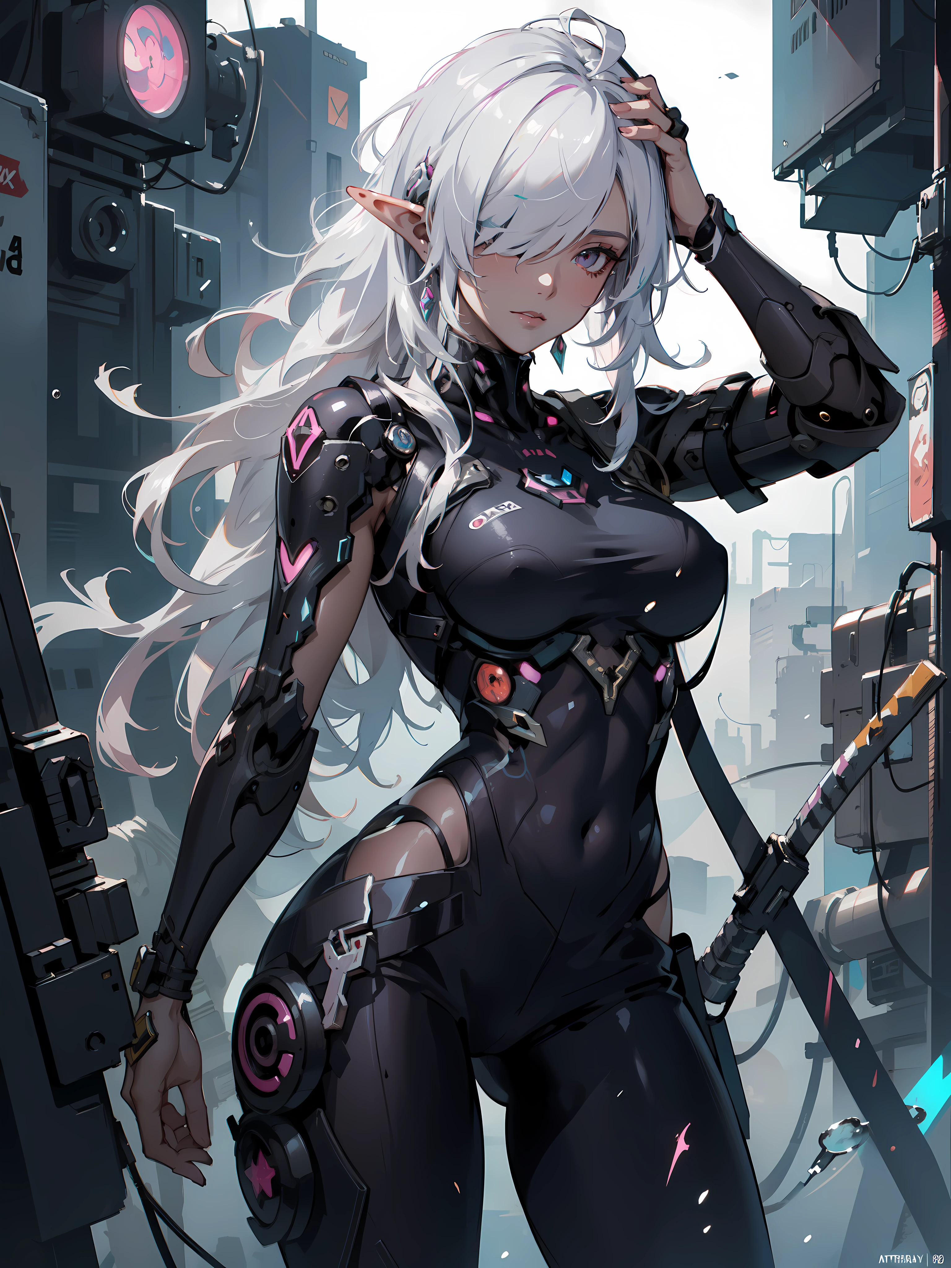 ((masterpiece)), (top quality), (best quality), ((ultra-detailed, 8k quality)), Aesthetics, Cinematic lighting, (detailed line art), absurdres, (best composition), (high-resolution), Watercolor wash painting, muted colors, warm colors, best quality, delicate brushwork, 
BREAK,
cyberpunk dark elf woman,  wearing japanese techwear, black harajuku fashion, cyberpunk streetwear, wearing cyberpunk streetwear, techwear, armored organic cyborg,  mecha_musume,  Detailed Cloth, and armored Texture, She is very(relaxed) with the(Settled down) Looks, arms up, contrapposto, cowboy shot, Dutch angle, golden ratio,  Cinematic dramatic atmosfer, fantasy, intricate, elegant, highly detailed, lifelike, photorealistic,  artstation, illustration, concept art, smooth, sharp focus, brush stroke painting in cyberpunk style by Yoji Shinkawa, by Mikimoto Haruhiko, by Artgerm,
BREAK,
highly detailed of (dark elf), (1girl), solo, perfect face, details eye, ahoge, ((long hair:1.2)), (hair over one eye:1.3), [[Messy hair]], shiny blonde white hair, violet eyes, multicolored eyes, multicolored hair, glowing eyes, (eyelashes, eyeshadow, pink eyeshadow), glaring, smile, design art by Mikimoto Haruhiko, by Kawacy, By Yoshitaka Amano,
BREAK, 
((perfect anatomy)), perfect body, Abs, medium breast, (perfect hands), perfect face, beautiful face, beautiful eyes, perfect eyes, (perfect fingers, deatailed fingers), correct anatomy, ((dark skin:1.2)),
BREAK, 
Watercolor wash painting, muted colors, warm colors, best quality, delicate brushwork,painting style background, abandoned building, Some are submerged in water, Bubble, Bubble water, splash water, neon-lit cyberpunk industrial, cables and pipes, ventilation ducts, police line, (depth of field:1.2), (blurry background:1.2), the style of Mikimoto Haruhiko, Artgerm, Kentaro Miura style, the style of Mikimoto Haruhiko, Artgerm, Kentaro Miura style,