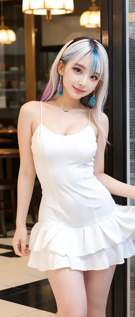 Idol covered in white chocolate、Full body Esbian、Tight mini dress covered in white chocolate、colorful hair
