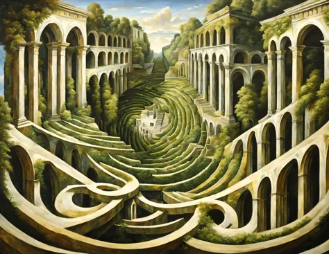 picture, combining landscape and architectural structures, intertwined in optical illusions., the landscape turns into architectural structures, and architectural structures turn into landscape, Optical illusions, mixture of landscape and architecture, Coo...