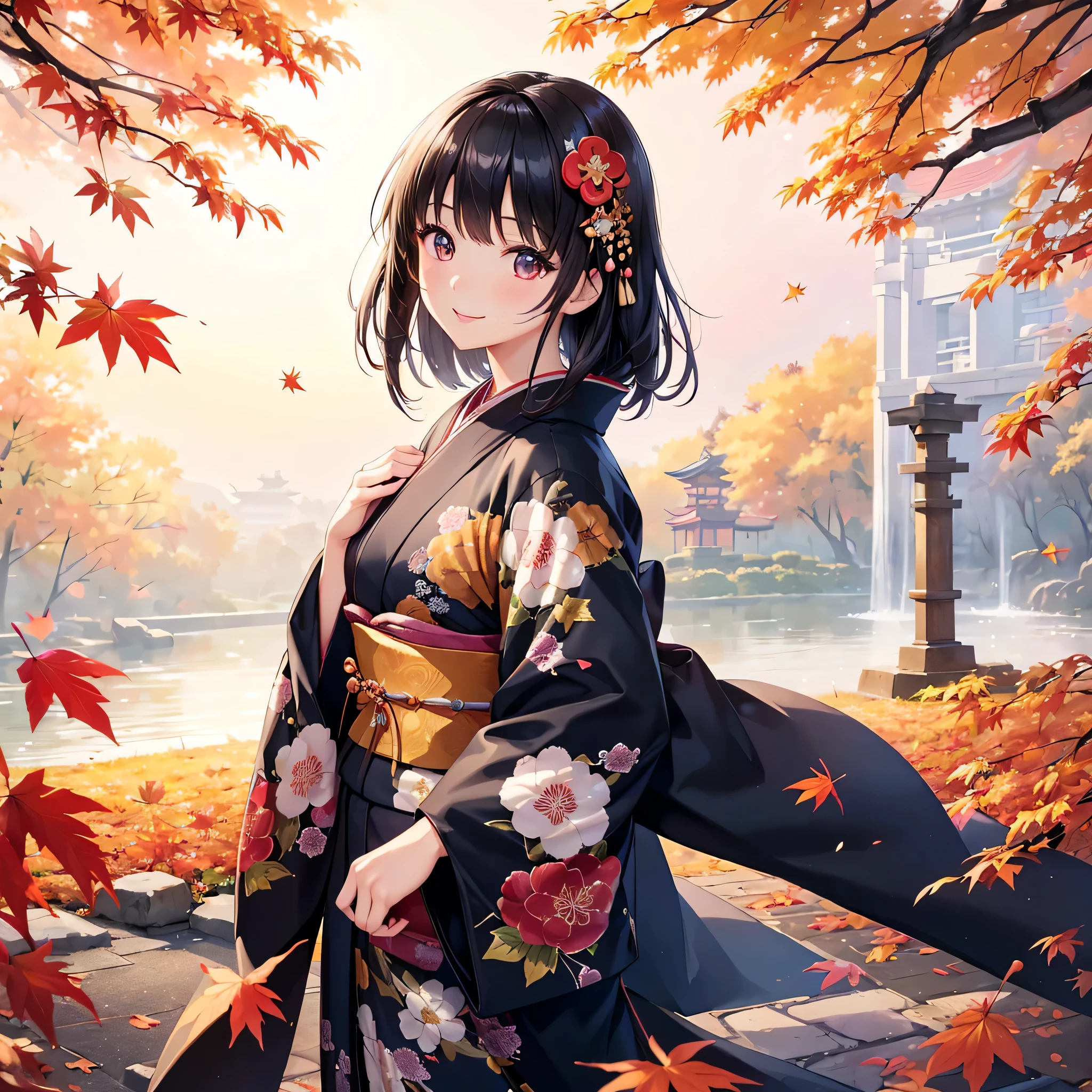 Anime girl in kimono outfit walking in the autumn leaves - SeaArt AI