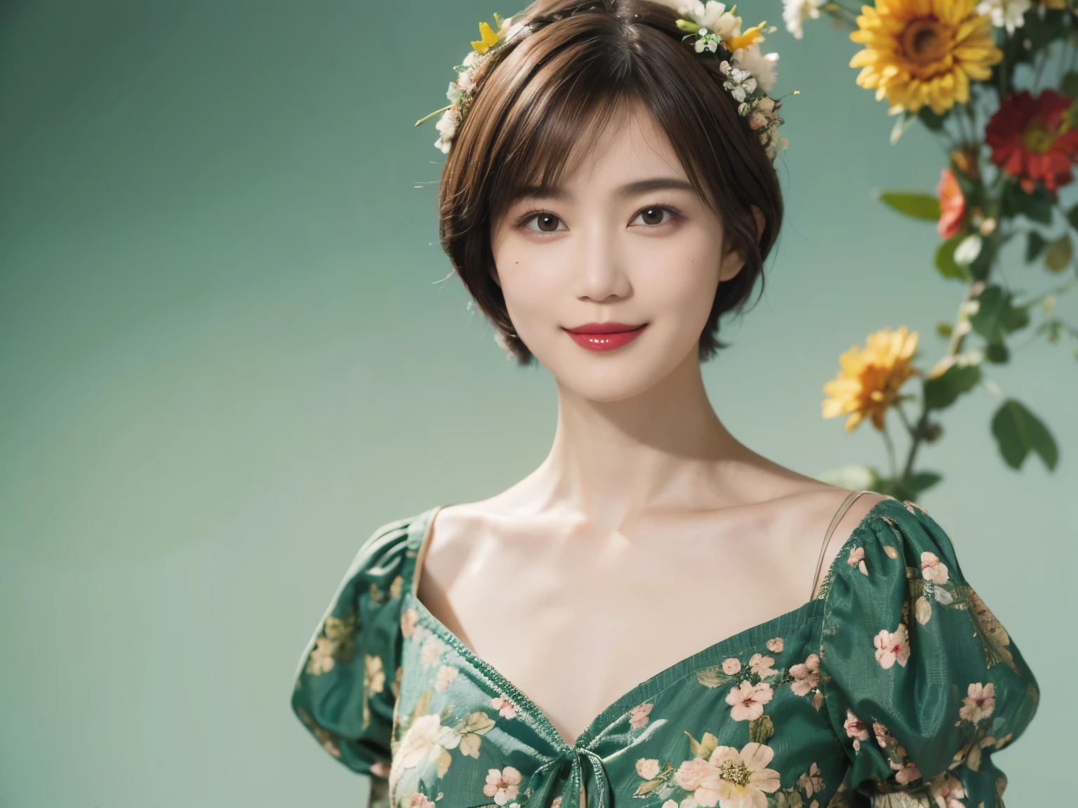 148
(20 year old woman,Floral costume), (surreal), (High resolution), ((beautiful hairstyle 46)), ((short hair:1.46)), (gentle smile), (breasted:1.1), (lipstick)
