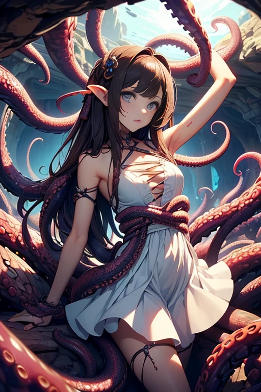 ((masterpiece)), ((best quality)), (ultra-detailed),(in the cave),(monster),(((many tentacles wrap arotnd the body))),a cute girl, 1girl, solo, (white girly dress),((many tentacles bound arms)), ((thin waist)),large breast, slim, slender,beautiful brown hair, beautiful blue eyes, (beautiful eyes), long hair,troubled expressio