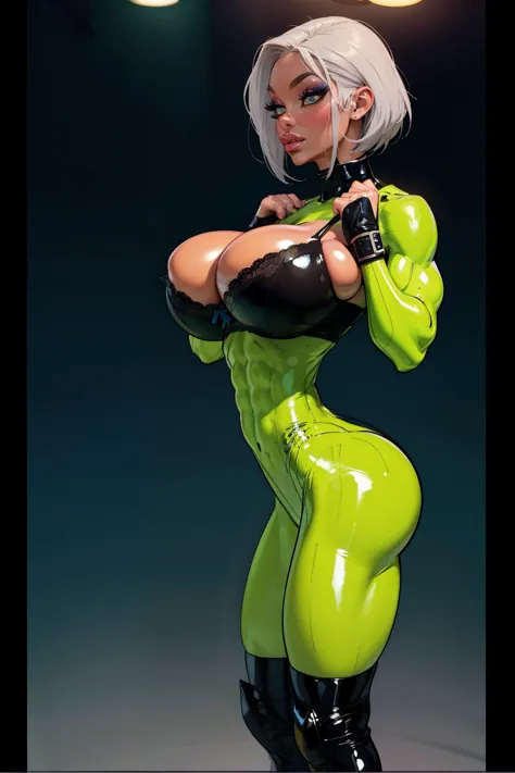 (Close up), Generate an illustration of a mature Jade Cargill, ((wwe)),  silver hair , (black skin), de terno preto, (black bra:1.3), short hair, hair combed back, (gigantic breasts:1.3), in anime format with a serious style, (neon green unitard), ((warm l...