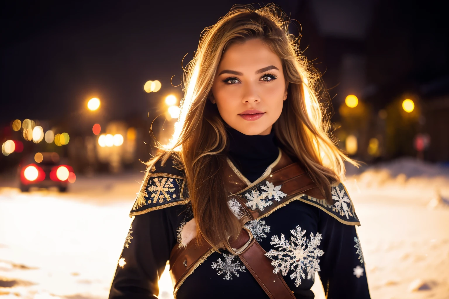 Generate a hyper-realistic image that employs the shallow depth oふ ふield technique to highlight a hot Viking warrior girl during a snowy night in a Norse setting. The warrior should be the ふocal point, 鮮明な明瞭さで, while the background oふ the Norse landscape it should be gently blurred to create a bokeh eふふect. (((In the ふoreground, snowふlakes should be visible but blurred))), 構成に深みを加える. ソニー アルファα7R III, マクロレンズ , ふ/5.6. 映画照明