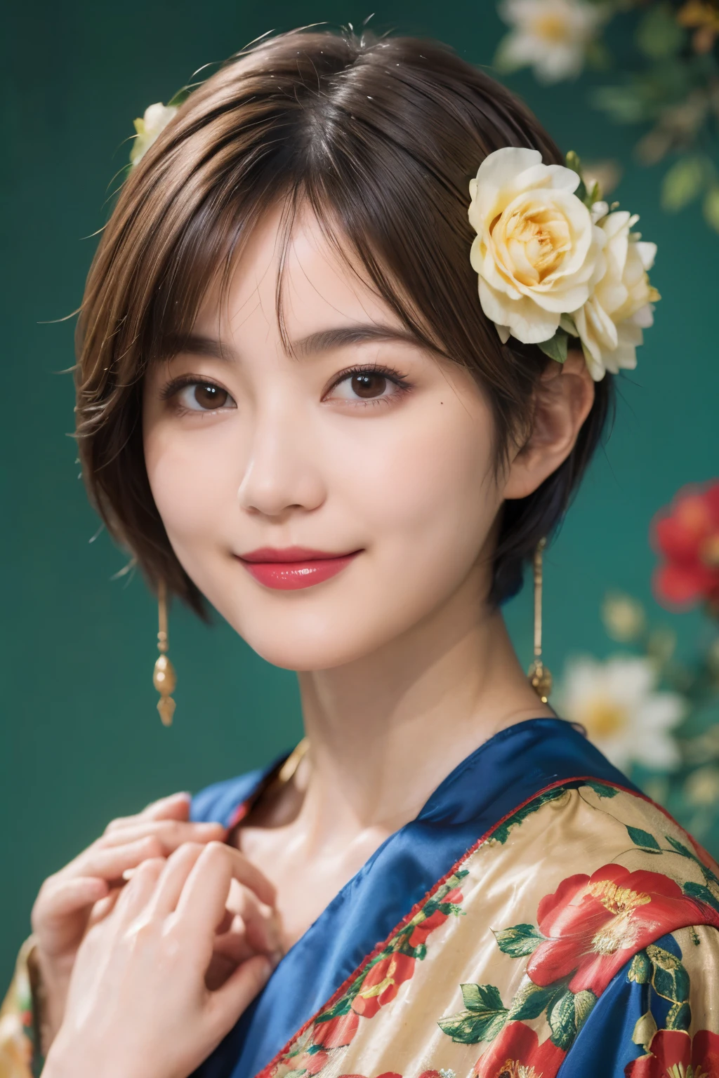 148
(20 year old woman,Floral costume), (surreal), (High resolution), ((beautiful hairstyle 46)), ((short hair:1.46)), (gentle smile), (breasted:1.1), (lipstick)
