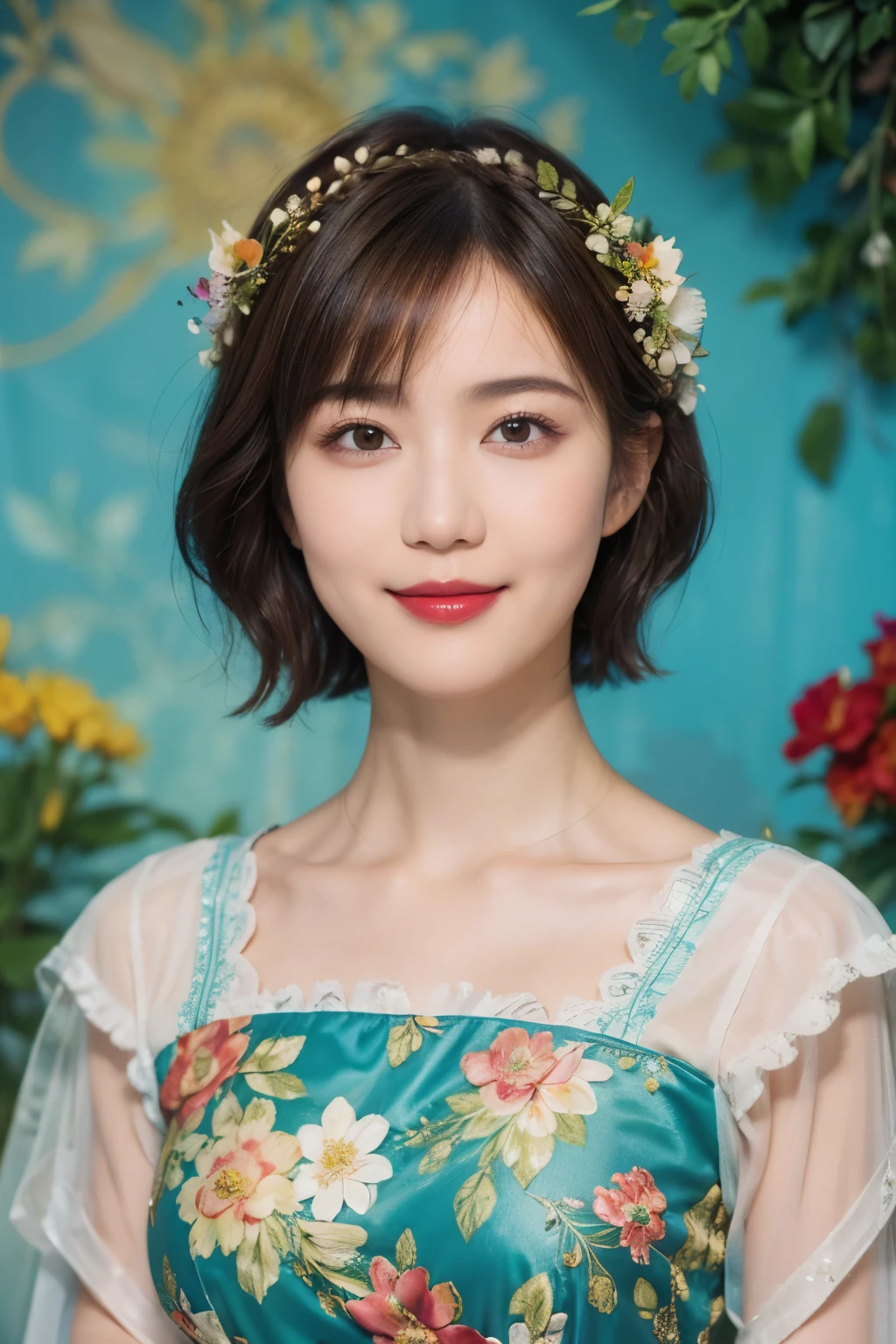 148
(20 year old woman,Floral costume), (surreal), (High resolution), ((beautiful hairstyle 46)), ((short hair:1.46)), (gentle smile), (breasted:1.1), (lipstick)
