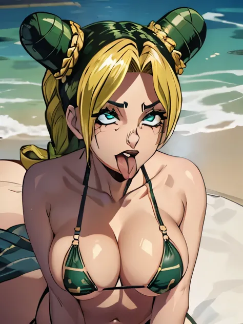  jolyne, big breasts, (micro bikini)
(((shiny hair, shiny skin))) ((sticking out tongue))