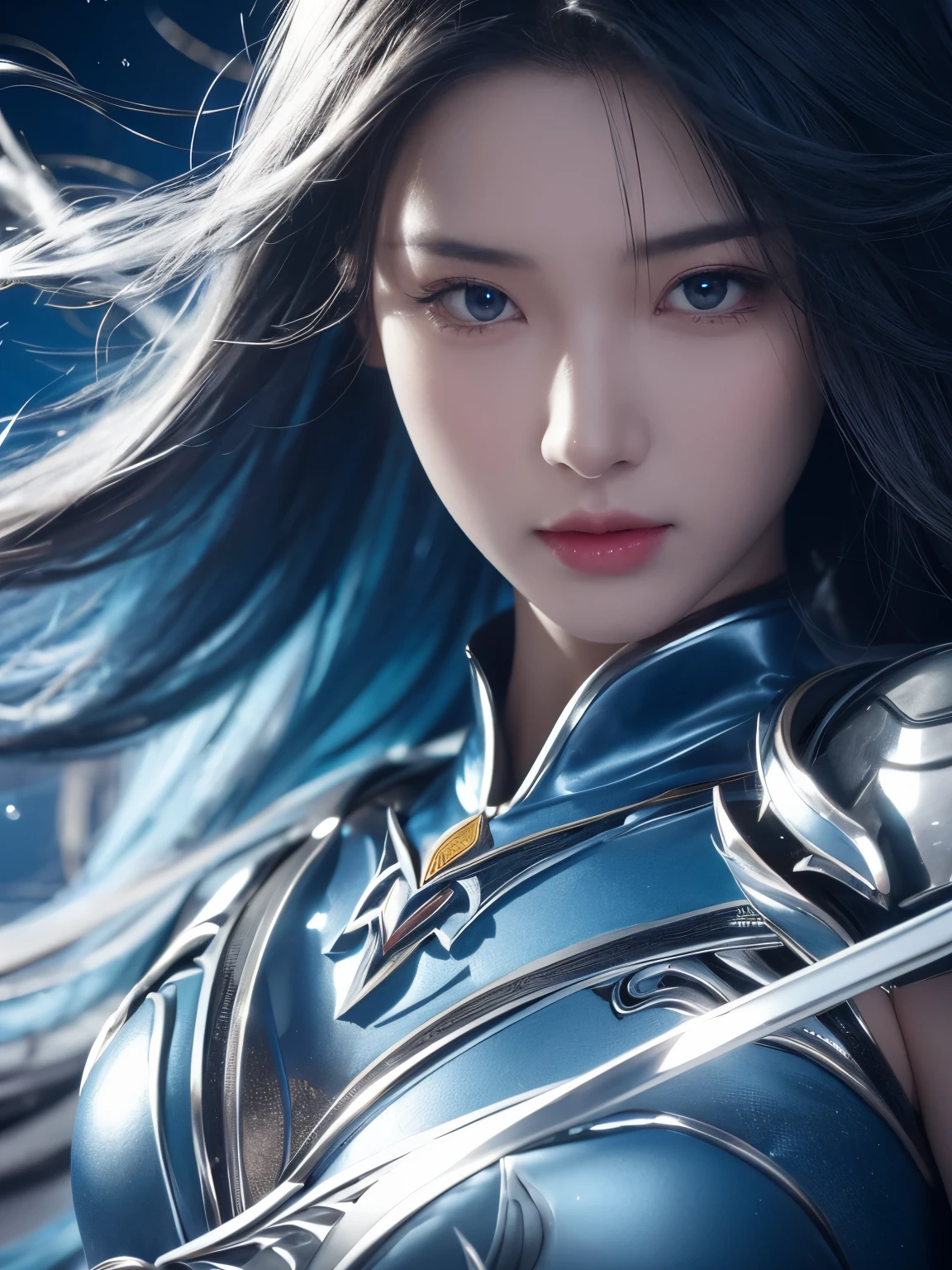 a close up of a woman in a silver and blue dress, chengwei pan on artstation, author：Yang Jie, detailed fantasy art, Stunning character art, Best Art Sites for Fan Art, Epic and beautiful character art, beautiful armor, Extremely detailed Artgerm, Detailed digital animation art, artgerm on artstation pixiv, Armor girl