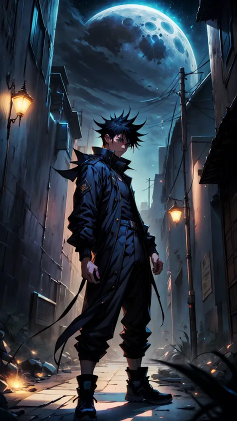 1boy, full body shot, 175 cm, megumi fushiguro, dark blue eyes, black outfit, black hair with long spikes that jut out in every ...