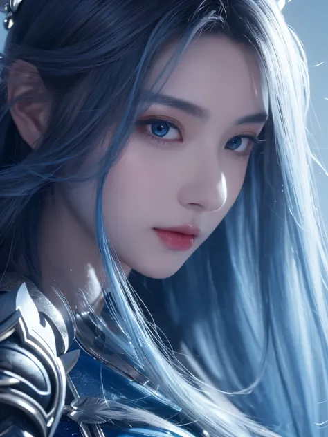 a close up of a woman in a silver and blue dress, chengwei pan on artstation, author：Yang Jie, detailed fantasy art, Stunning ch...