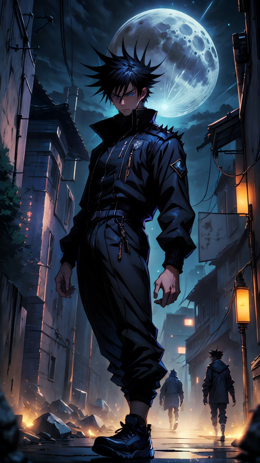 1boy, full body shot, 175 cm, megumi fushiguro, dark blue eyes, black outfit, black hair with long spikes that jut out in every direction around his head, wearing dark blue jacket over a long-sleeved white dress shirt. His uniform pants match his jacket,He wears long black socks, low-top brown shoes, dynamic battle pose, blue and dark moon city night background, wallpaper, cinematic,High resolution 8K, Bright light illumination, lens flare, sharpness, masterpiece, top-quality, The ultra -The high-definition, high resolution, extremely details CG, Anime style, Film Portrait Photography,masterpiece,hyperdetail, white and black wolf