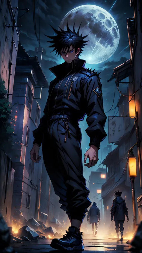 1boy, full body shot, 175 cm, megumi fushiguro, dark blue eyes, black outfit, black hair with long spikes that jut out in every ...