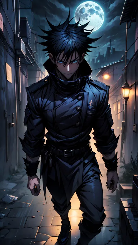 1boy, full body shot, 175 cm, megumi fushiguro, dark blue eyes, black outfit, black hair with long spikes that jut out in every ...