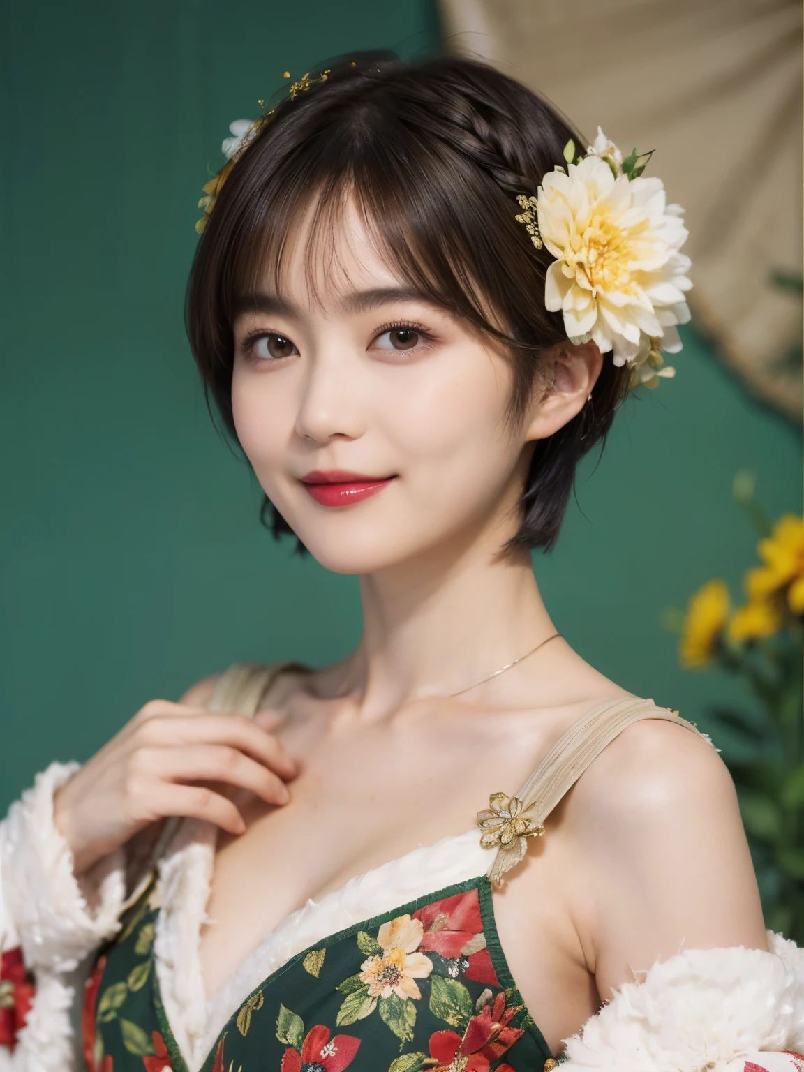 148
(20 year old woman,Floral costume), (surreal), (High resolution), ((beautiful hairstyle 46)), ((short hair:1.46)), (gentle smile), (breasted:1.1), (lipstick)
