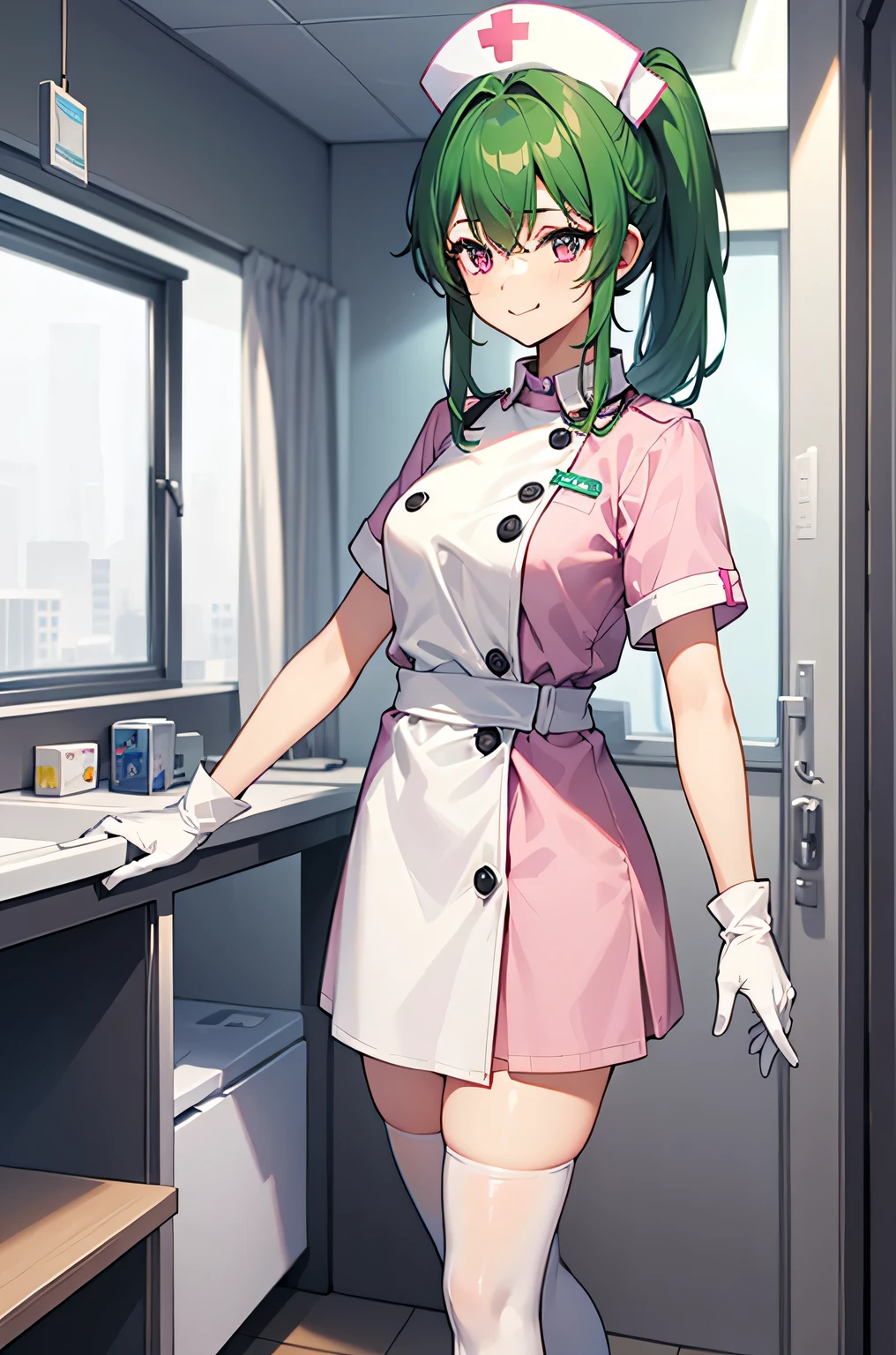 1 名女孩, 独自的, 护士, 护士 cap, White 护士 uniform, ((白色腿部服饰, 绝对良机)), 白手套, 马尾辫, 绿色头发, 粉红色的眼睛, 微笑, 站立, ((病房)), 清晰的轮廓, 短袖, 最好的质量, 杰作