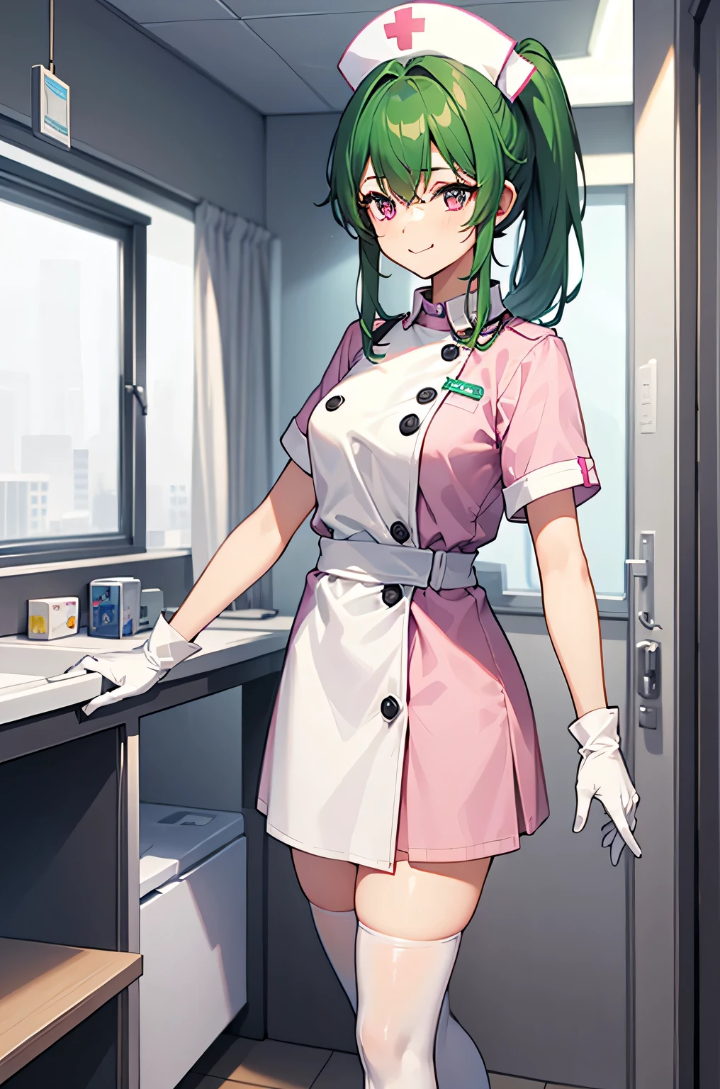 1 Mädchen, allein, Krankenschwester, Krankenschwester cap, White Krankenschwester uniform, ((weiße Beinbekleidung, zettai ryouiki)), Weiße Handschuhe, Pferdeschwanz, grüne Haare, rosa Augen, lächeln, Stehen, ((Krankenhauszimmer)), scharfe Kontur, Kurzarm, höchste Qualität, Meisterwerk