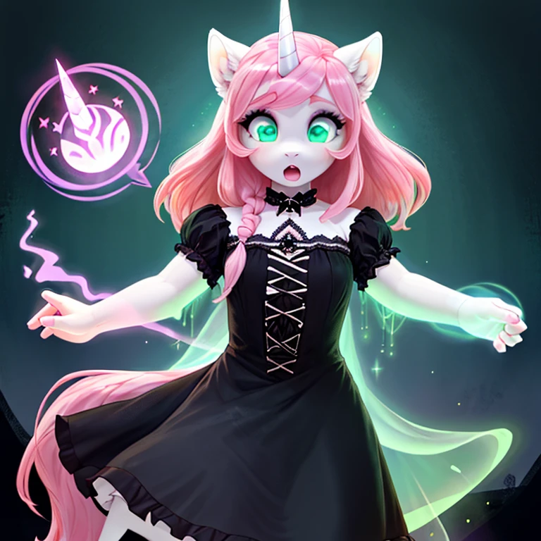 shocked unicorn in gothic make up with white fur long Pink hairs with Blue Highlights and glowing Green eyes wearing gothic clothes looking at her body there are some traces of magic floating around her she is in a bedroom