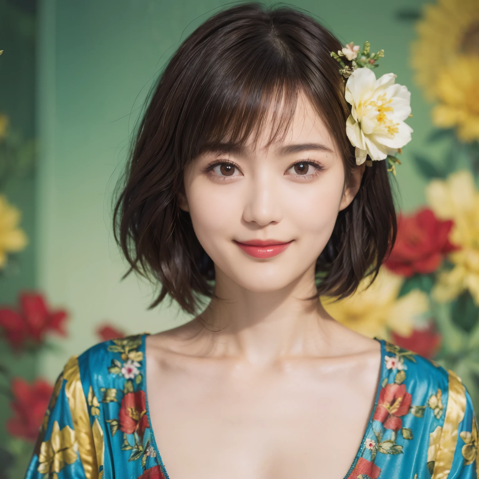 148
(20 year old woman,Floral costume), (surreal), (High resolution), ((beautiful hairstyle 46)), ((short hair:1.46)), (gentle smile), (breasted:1.1), (lipstick)
