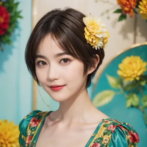 148
(20 year old woman,floral costume), (surreal), (high resolution), ((beautiful hairstyle 46)), ((short hair:1.46)), (gentle s...