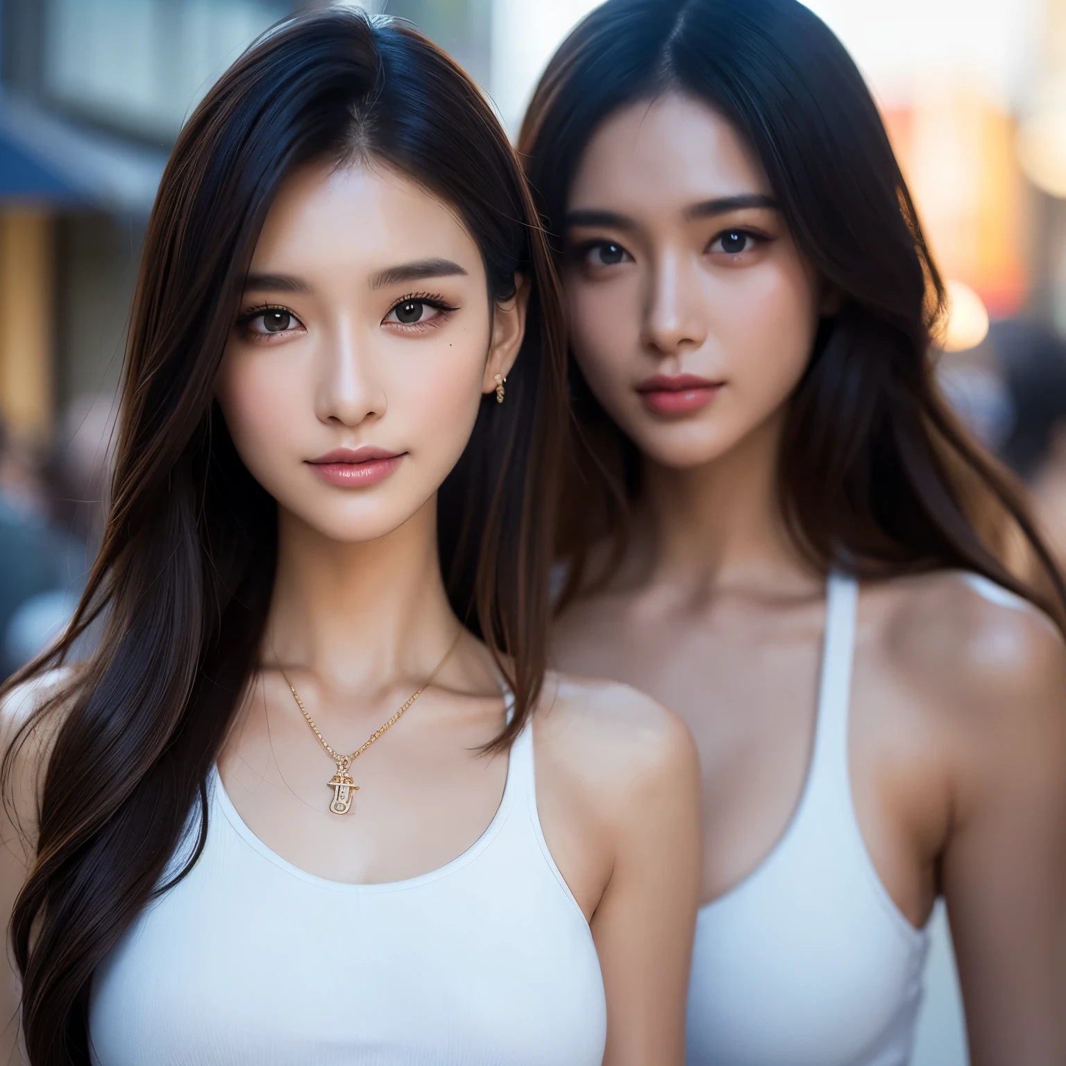 best quality，High resolution，T Masterpiece：1.3），tall and beautiful woman，Slender, abs, dark brown hair styled in loose waves.，Nedium&#39;s chest，Wear a pendant，Front view clearly visible（white tank top：1），（Chinatown in the background），Beautifully rendered details with face and skin texture，detailed eyes，double eyelid，（smiling：1.3）