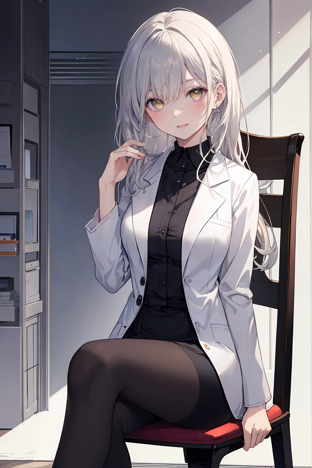 ((8Kmasterpiece,highest quality)), ultra high resolution, (masterpiece: 1.4), hyper detail, (((1 girl))),beautiful and delicate eyes,(yellow eyes),Big eyes,shining eyes of light,Thin and long eyelashes,detailed light,beautiful face,((silver hair)),((long hair)),(white suit),black tights,((Dress like a female doctor)),red hair,(hospital),fearless smile,(please open your mouth wide),Sitting in a chair,looking at the viewer, slender body,My are very big 